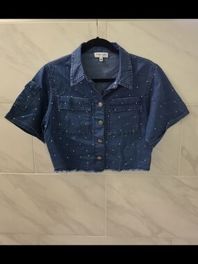 Embellished Cropped Denim Button-Up Jacket - Dark Blue
